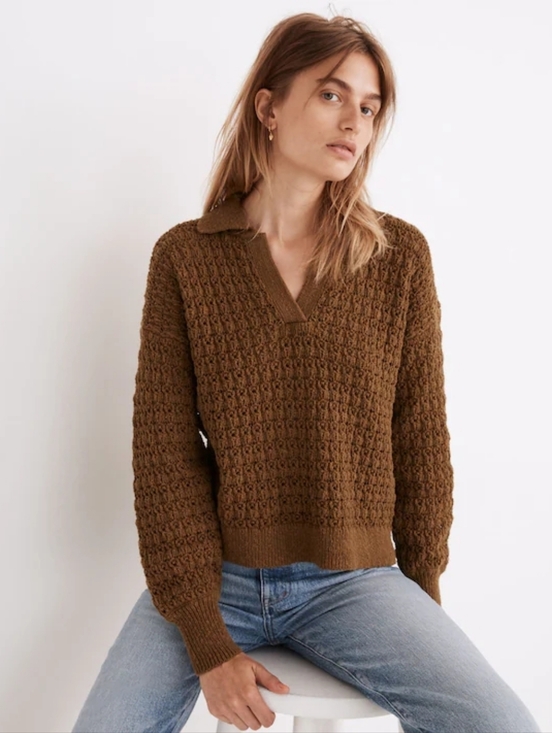 Madewell Sweaters - Madewell Sunbury Open-Stitch Crochet Polo Sweater in Golden Spinach
